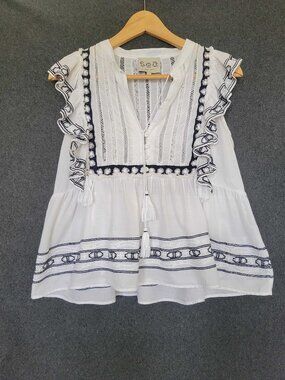 SEA New York Lace Bib Ruffle Sleeveless Blouse White Embroidered Women’s 4